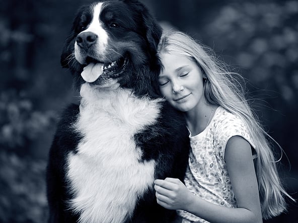 Et barn, der krammer en hund.