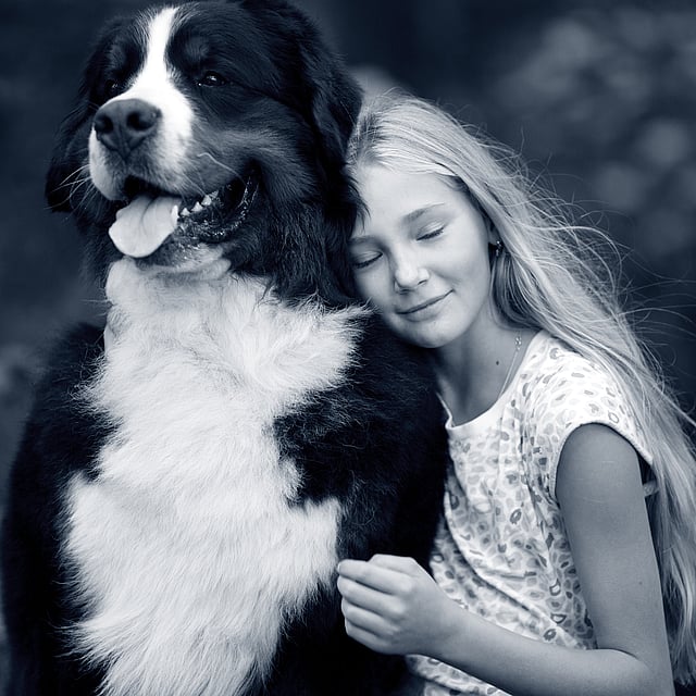 Et barn, der krammer en hund.