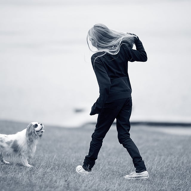 Et barn, der går tur med en hund.