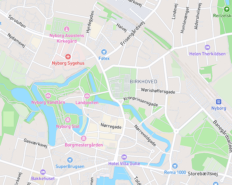 Et kort der viser beliggenheden af AniCura Rynkeby Dyreklinik Nyborg